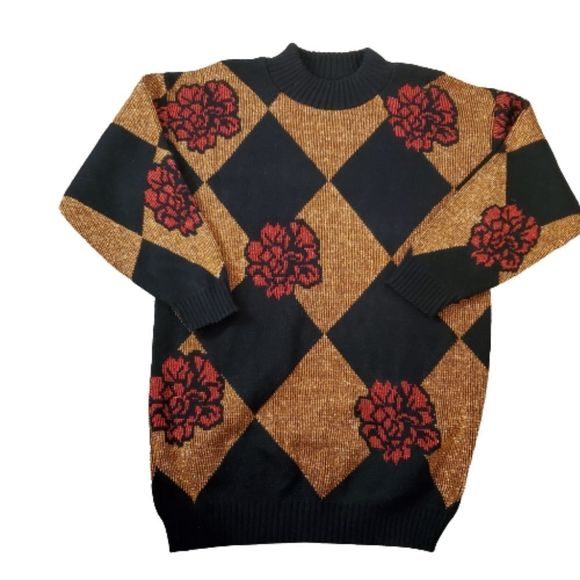 Dana Scott Sweaters - Vintage Dana Scott Womens Black Floral Checkered Mock Turtle Neck Sweater. Sz Sm